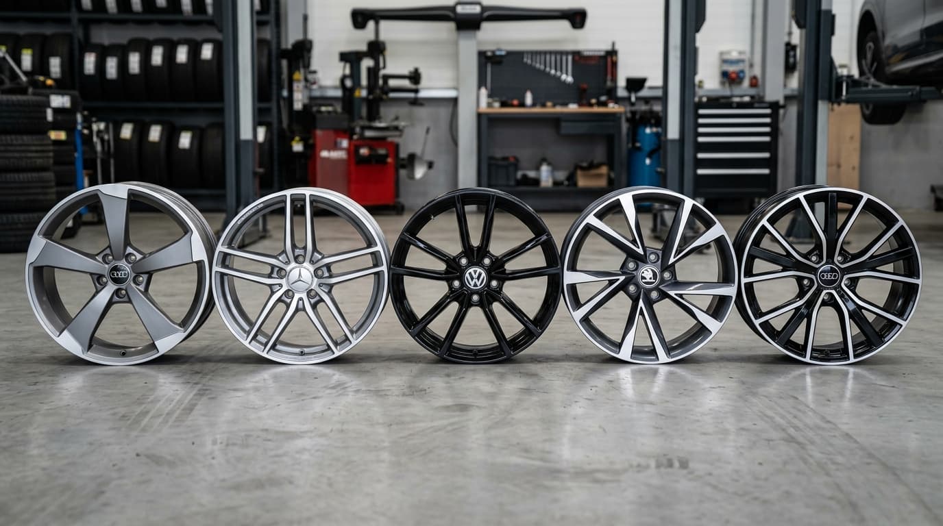 Selection of alloy wheels with 5x112 bolt pattern at Speedline Mags workshop in Parow Cape Town
