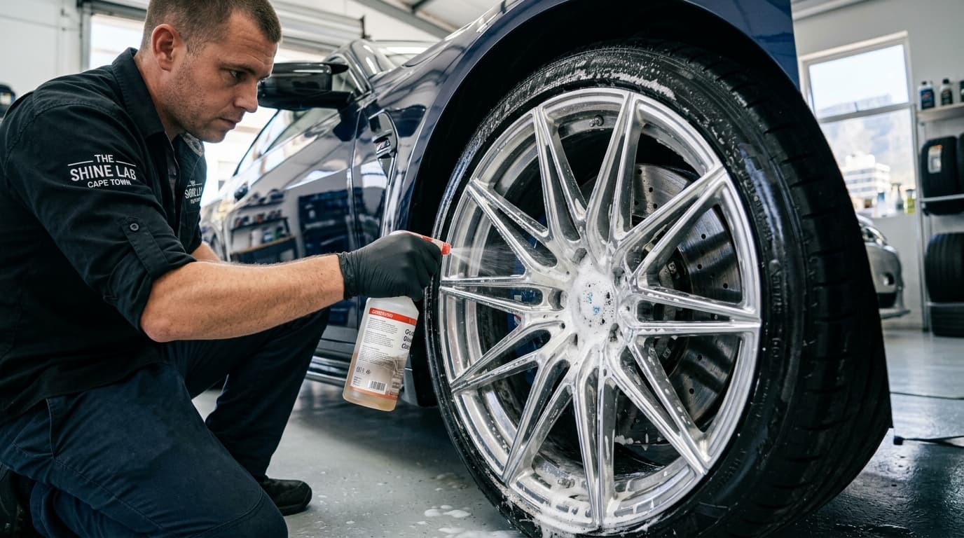 Professional detailer applying acid-free wheel cleaner to a polished alloy wheel at Speedline Mags workshop
