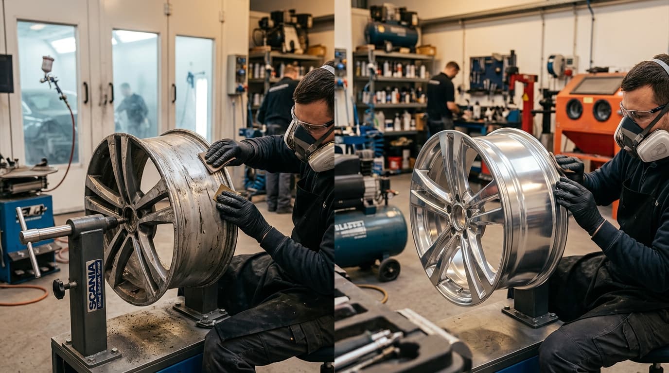 Professional alloy wheel refurbishment in progress at Speedline Mags workshop in Parow, Cape Town