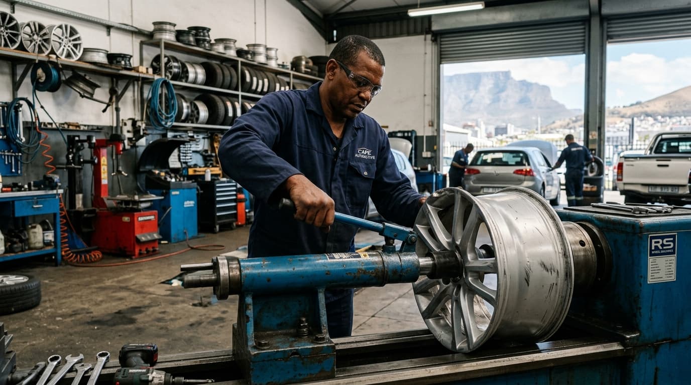 Technician repairing a bent alloy rim at Speedline Mags workshop in Parow, Cape Town