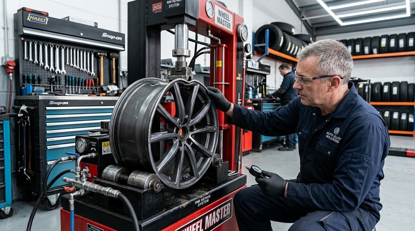 Technician inspecting a bent alloy wheel rim on a straightening machine at Speedline Mags workshop