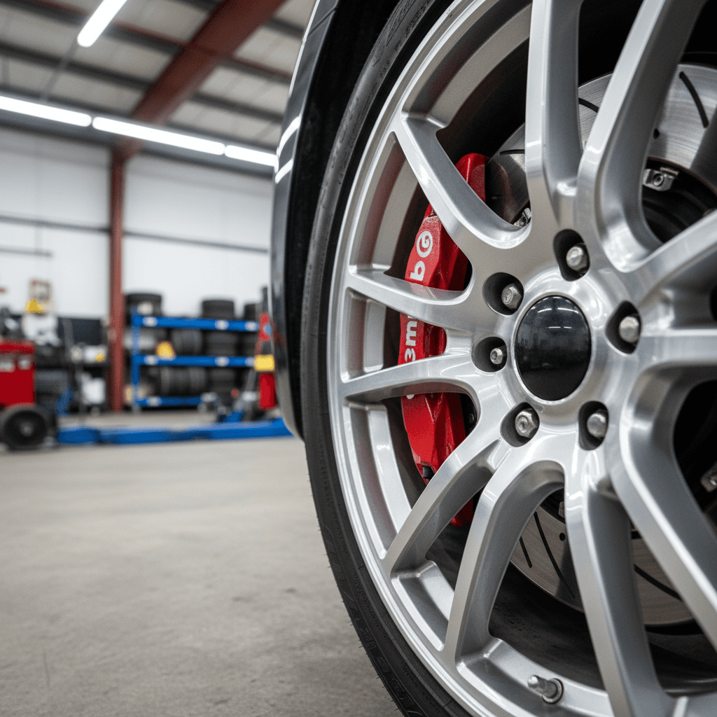 Technician applying red paint to a brake caliper on a silver alloy wheel at Speedline Mags workshop in Cape Town