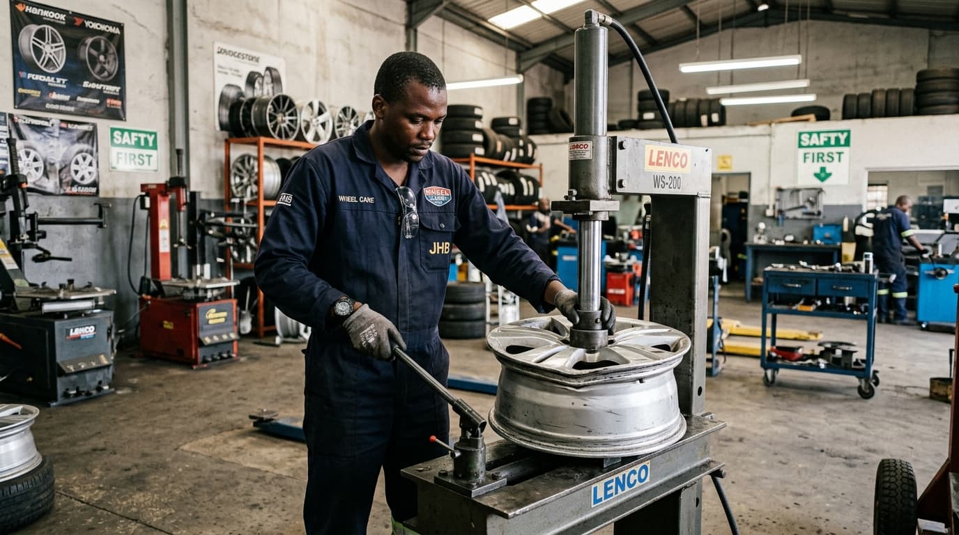 Professional technician repairing a buckled alloy wheel at Speedline Mags workshop in Parow, Cape Town