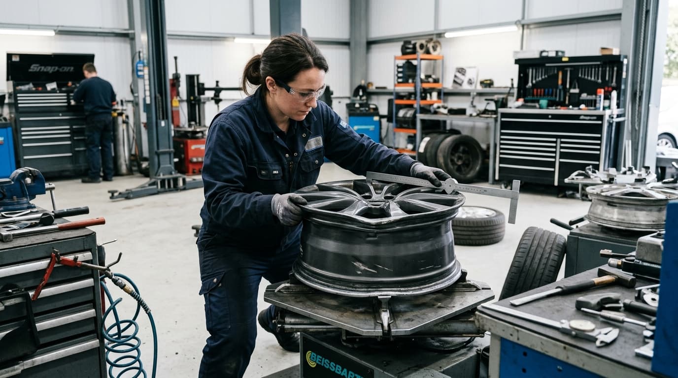 Technician inspecting a buckled alloy wheel at Speedline Mags workshop in Parow, Cape Town