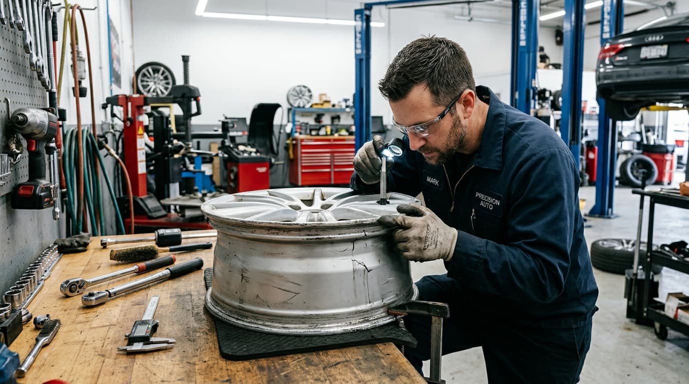 Technician inspecting a damaged alloy wheel rim at Speedline Mags workshop in Cape Town