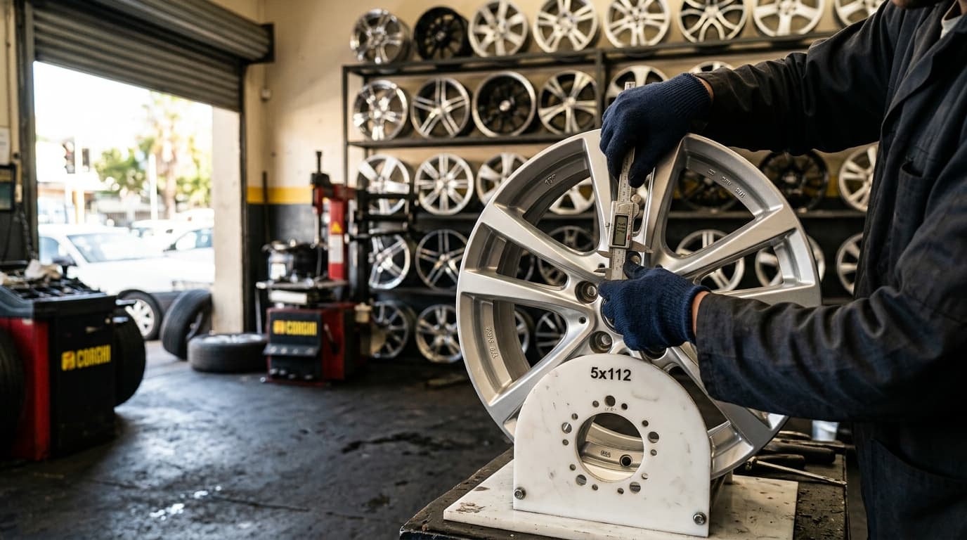 Technician measuring alloy wheel size and fitment during a wheel repair at Speedline Mags