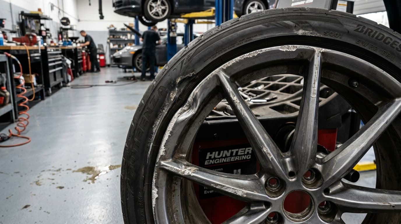Damaged alloy wheel rim with pothole impact and kerb rash scuffs at Speedline Mags workshop in Parow