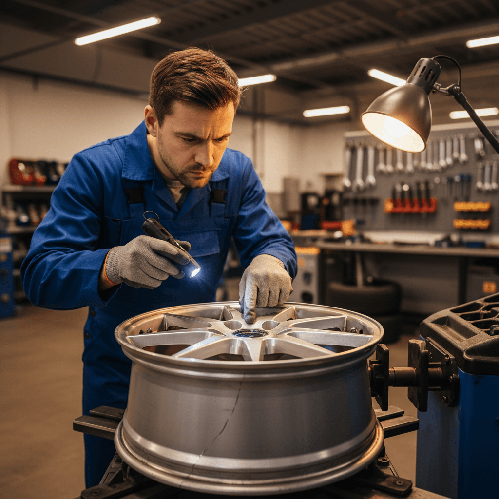 Technician inspecting a cracked alloy wheel rim under workshop lighting at Speedline Mags