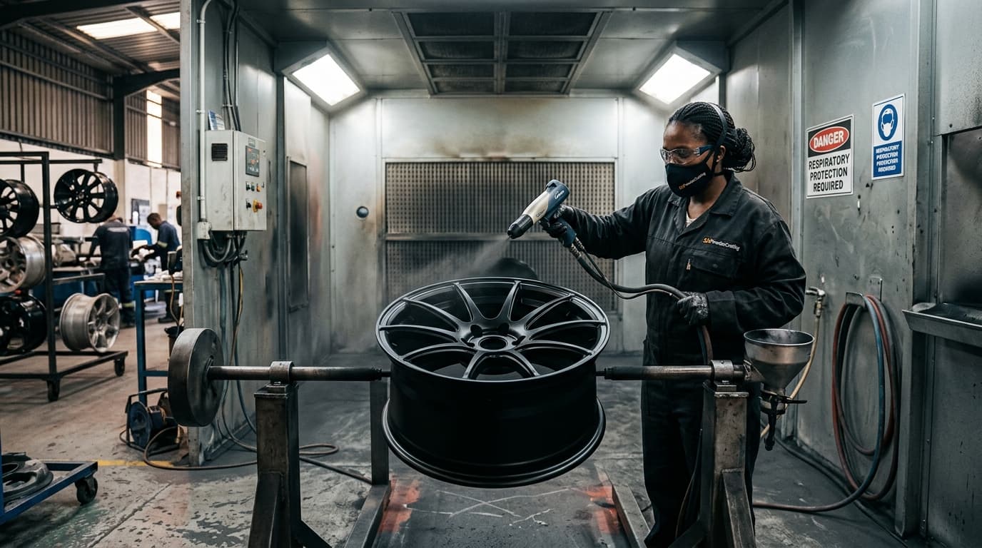 Professional powder coating of custom black alloy wheels at Speedline Mags Cape Town workshop