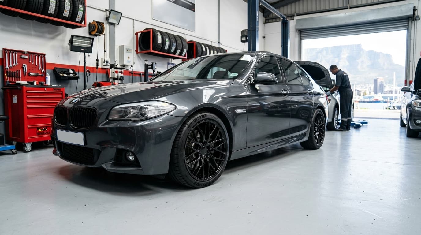 Custom gloss black painted alloy wheels on a sedan at Speedline Mags workshop in Parow Cape Town