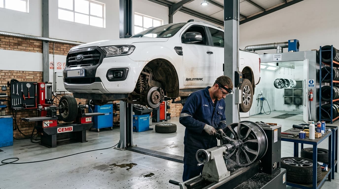 Ford Ranger alloy wheel being professionally refurbished at Speedline Mags workshop in Cape Town