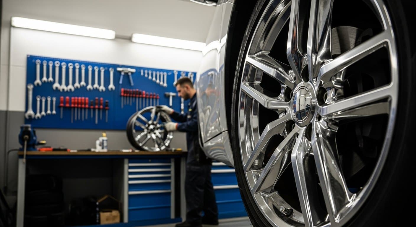 Freshly refurbished alloy wheel in professional Cape Town automotive workshop at Speedline Mags