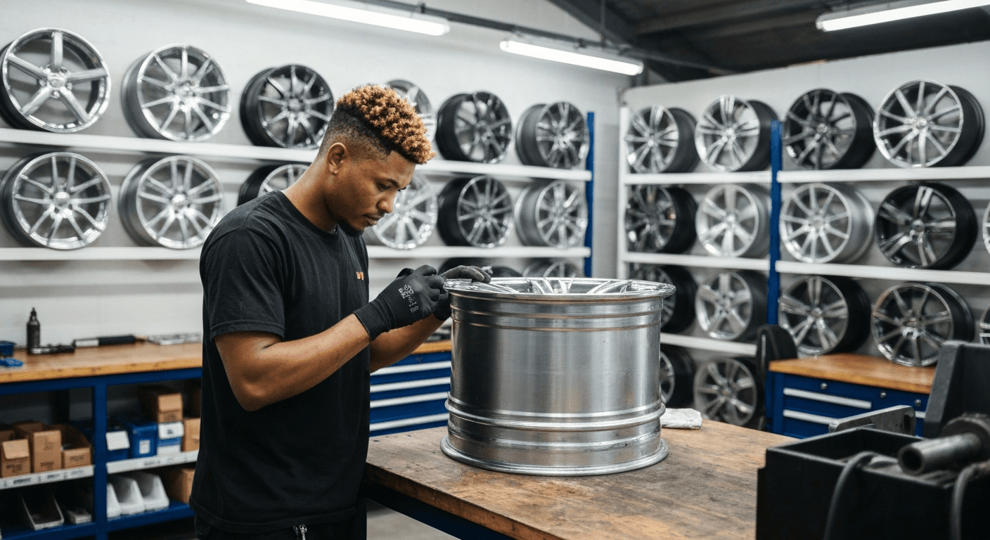 Professional technician inspecting a polished alloy mag wheel at Speedline Mags repair workshop in Cape Town