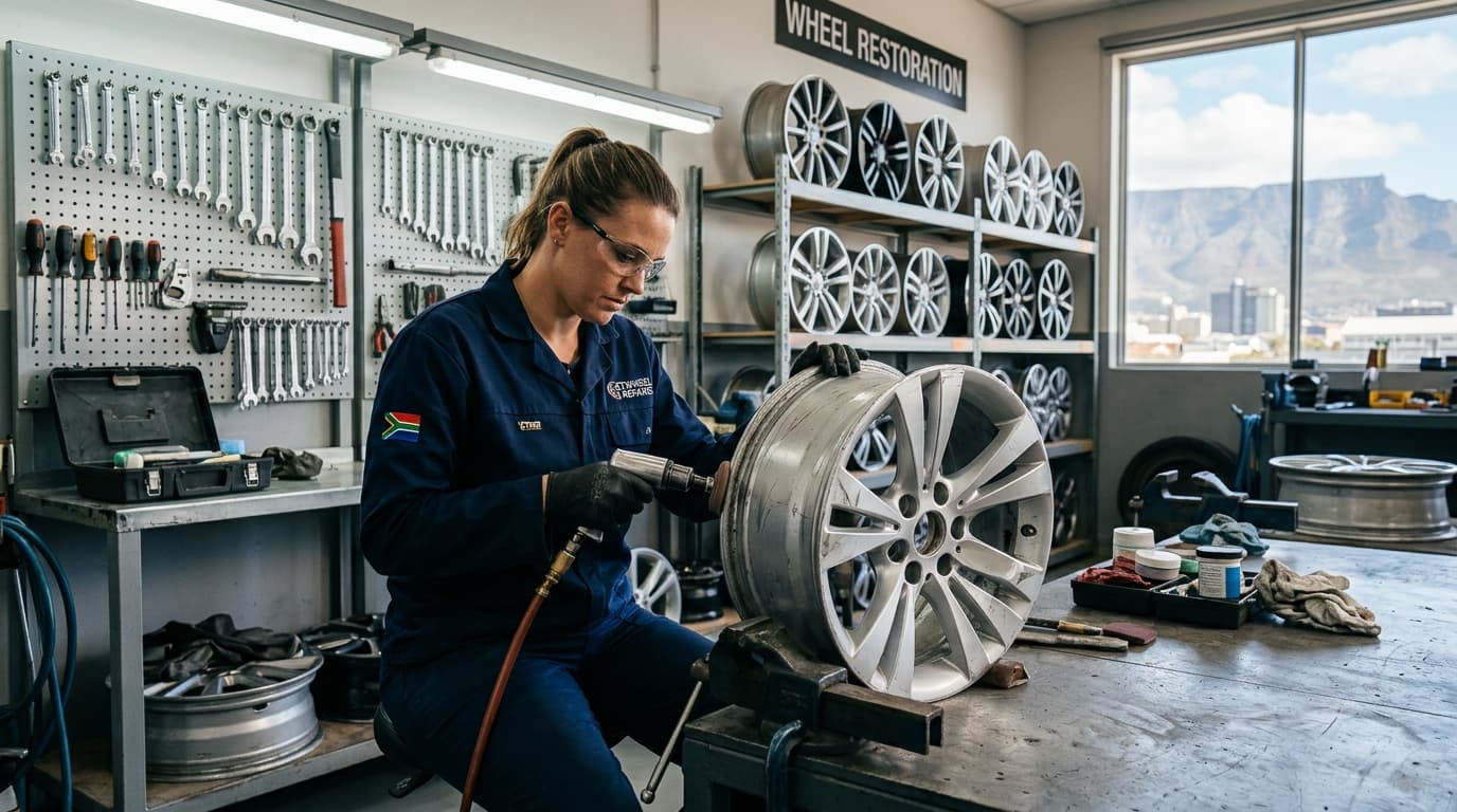 Professional technician performing mag repairs on alloy wheels at Speedline Mags workshop in Cape Town