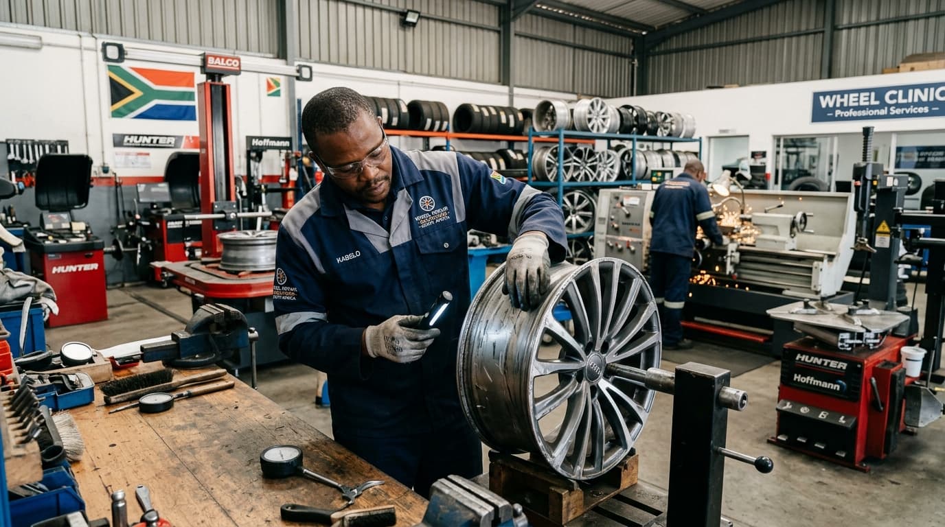 Technician inspecting a damaged alloy mag wheel at Speedline Mags workshop in Parow, Cape Town