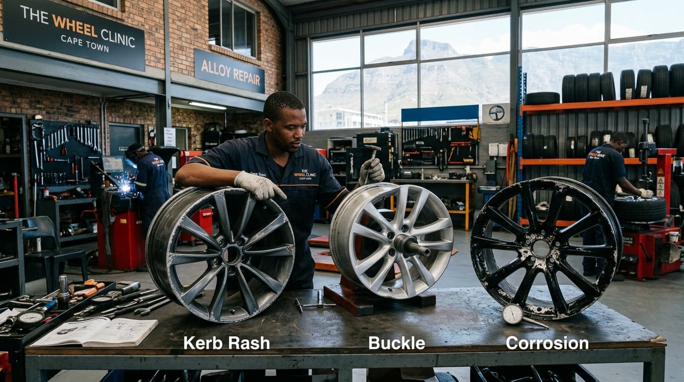 Close-up of alloy wheel showing kerb rash damage at a professional wheel repair workshop - Speedline Mags Cape Town