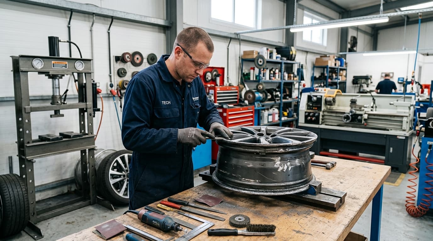 Professional technician repairing a damaged alloy mag wheel at Speedline Mags workshop in Parow, Cape Town
