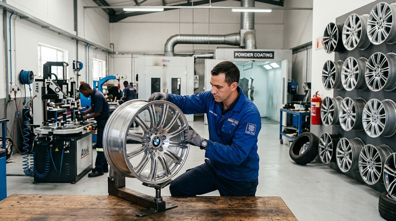 Professional technician performing mag wheel repairs at Speedline Mags workshop in Cape Town