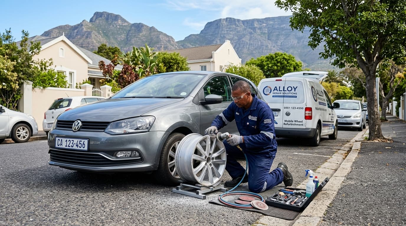 Mobile mag repair technician fixing an alloy wheel on a Cape Town street at Speedline Mags