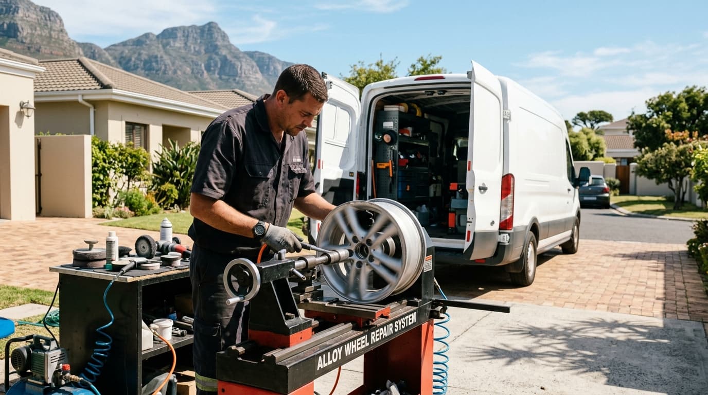 Mobile mag repair technician working on an alloy wheel in a Cape Town driveway at Speedline Mags