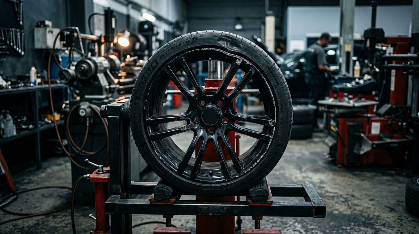 Black alloy wheel with visible pothole rim damage being inspected at Speedline Mags workshop in Parow, Cape Town