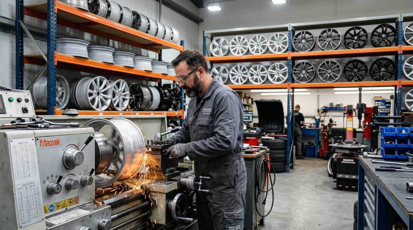 Professional rim refurbishment process at Speedline Mags workshop in Cape Town