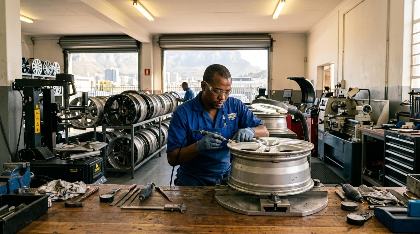 Professional technician performing rim repair at Speedline Mags workshop in Cape Town