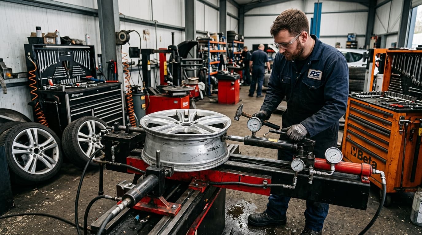 Professional technician straightening a bent alloy wheel rim on a hydraulic machine at Speedline Mags workshop