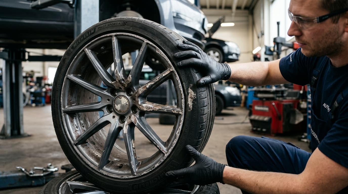 Mechanic inspecting a damaged alloy wheel with curb rash and peeling lacquer at Speedline Mags workshop