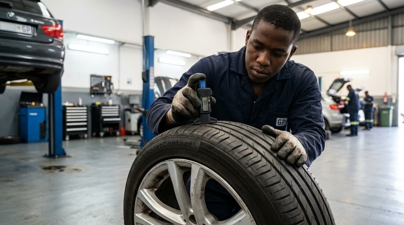 Technician inspecting alloy wheel and tyre for safety at Speedline Mags