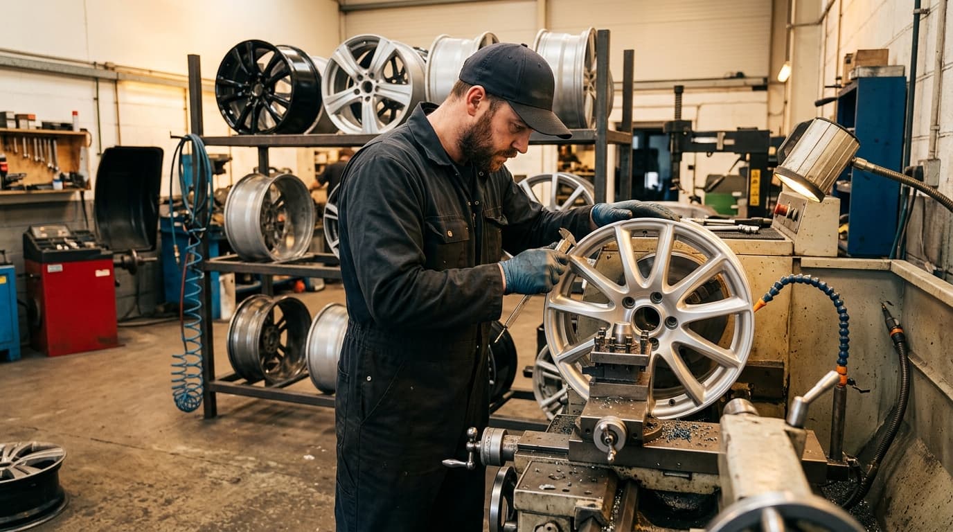 Professional wheel refurbishment technician inspecting alloy wheel on lathe at Speedline Mags workshop