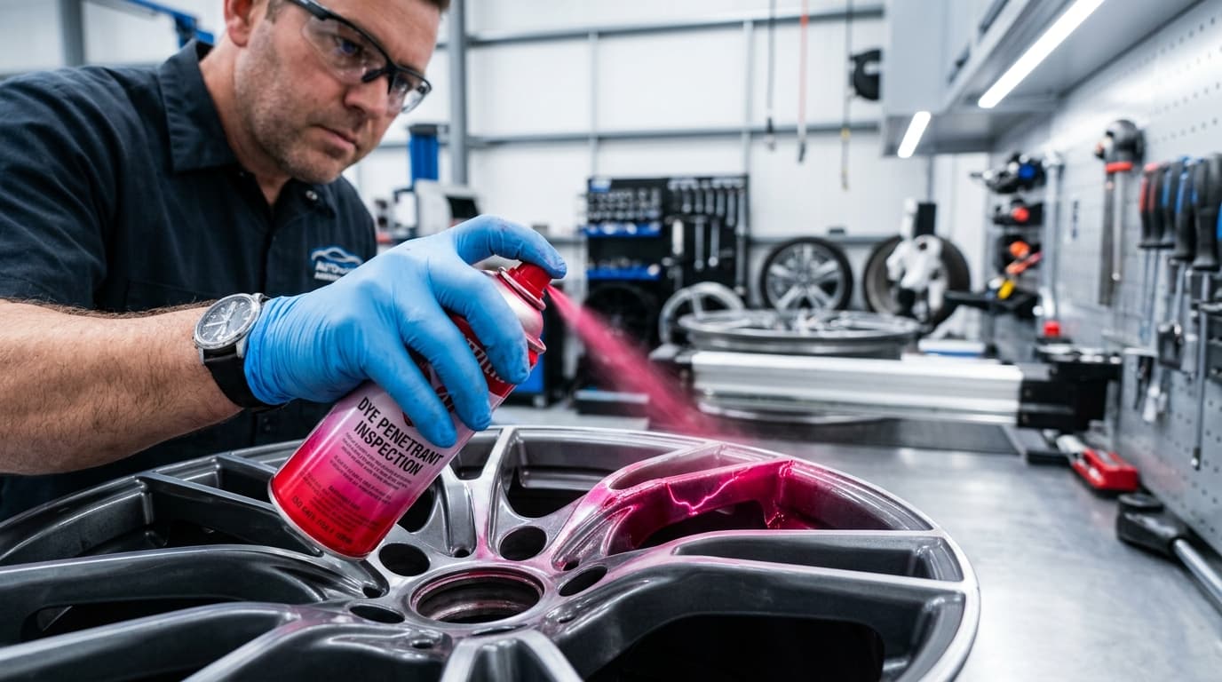 Technician performing dye penetrant inspection on a cracked alloy wheel at Speedline Mags workshop