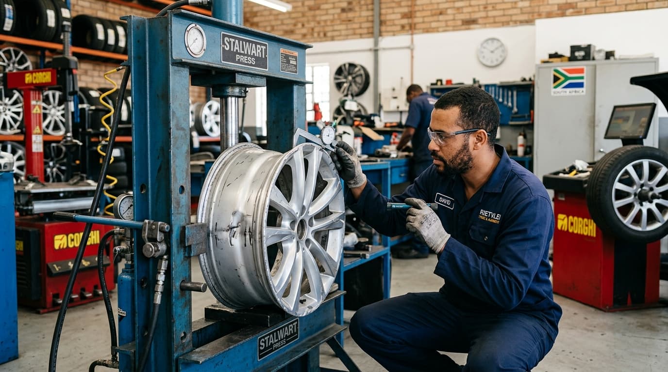 Professional technician repairing a bent alloy wheel at Speedline Mags workshop in Cape Town