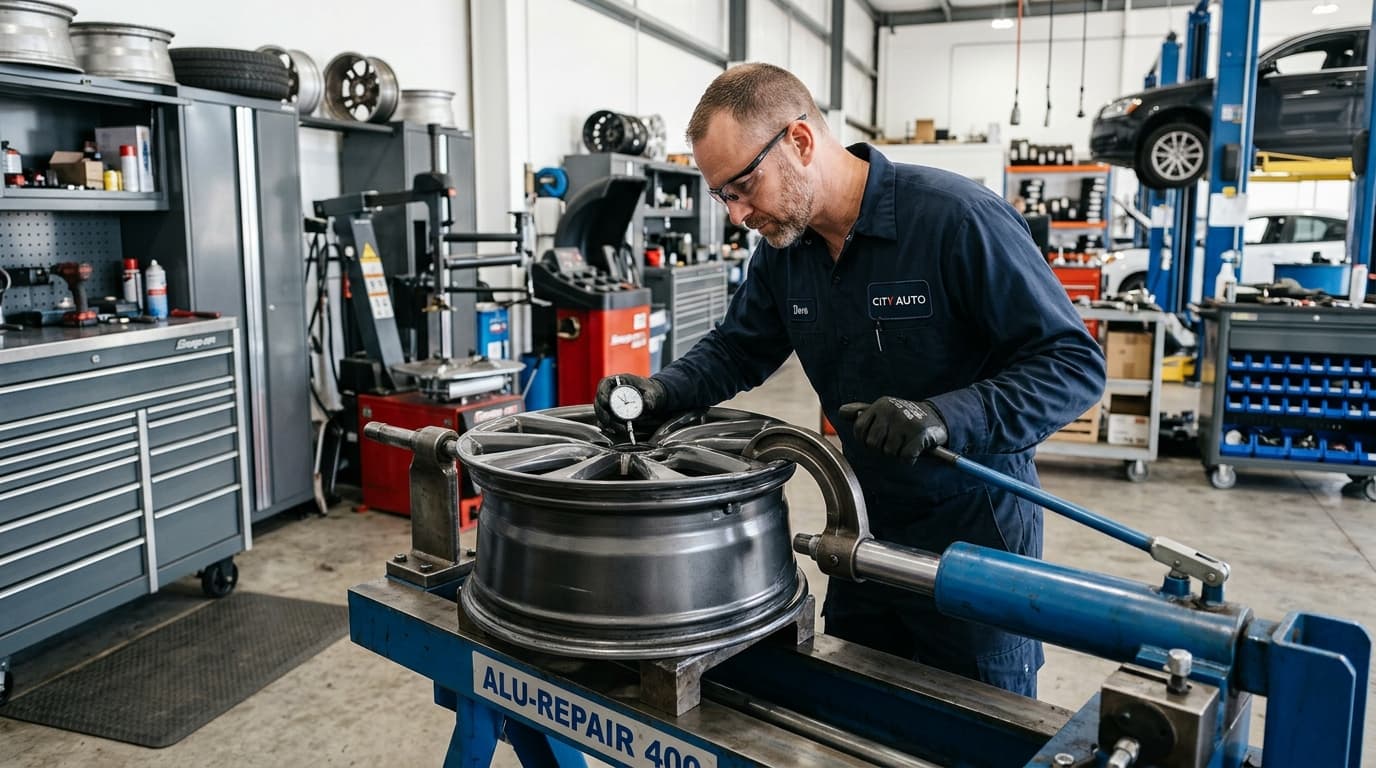 Technician using a hydraulic wheel straightening press to repair a bent alloy rim at Speedline Mags workshop
