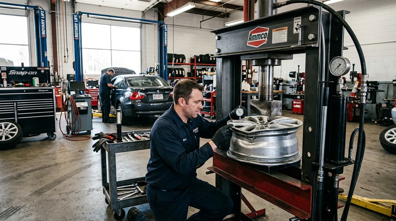 Automotive technician examining a buckled alloy wheel on a hydraulic press at Speedline Mags workshop