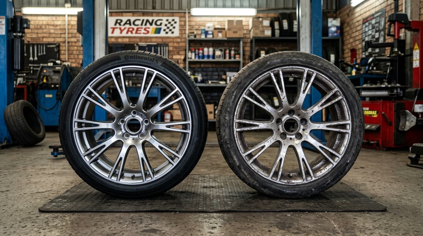Comparison of a professionally repaired alloy wheel versus a used second-hand rim at Speedline Mags workshop