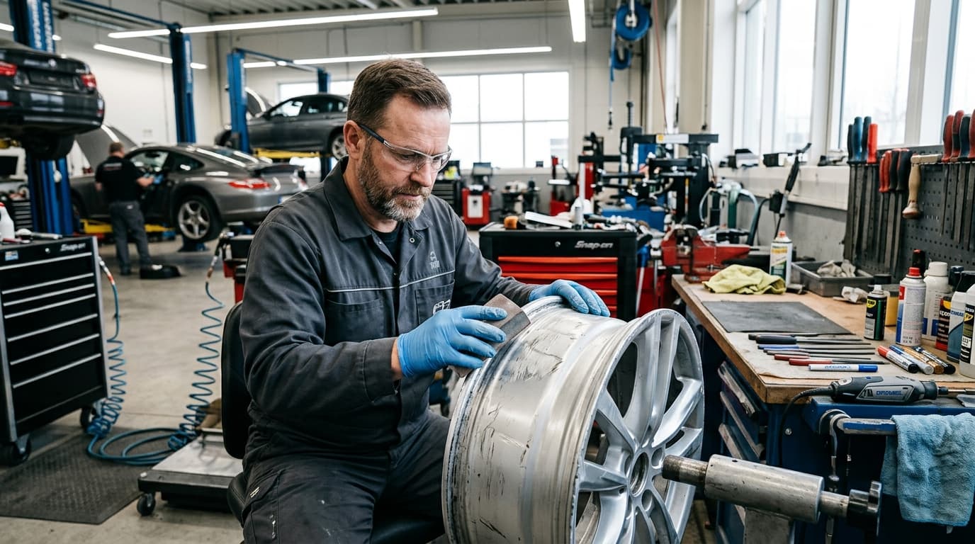 Technician assessing curb rash damage on an alloy wheel at Speedline Mags workshop in Parow Cape Town
