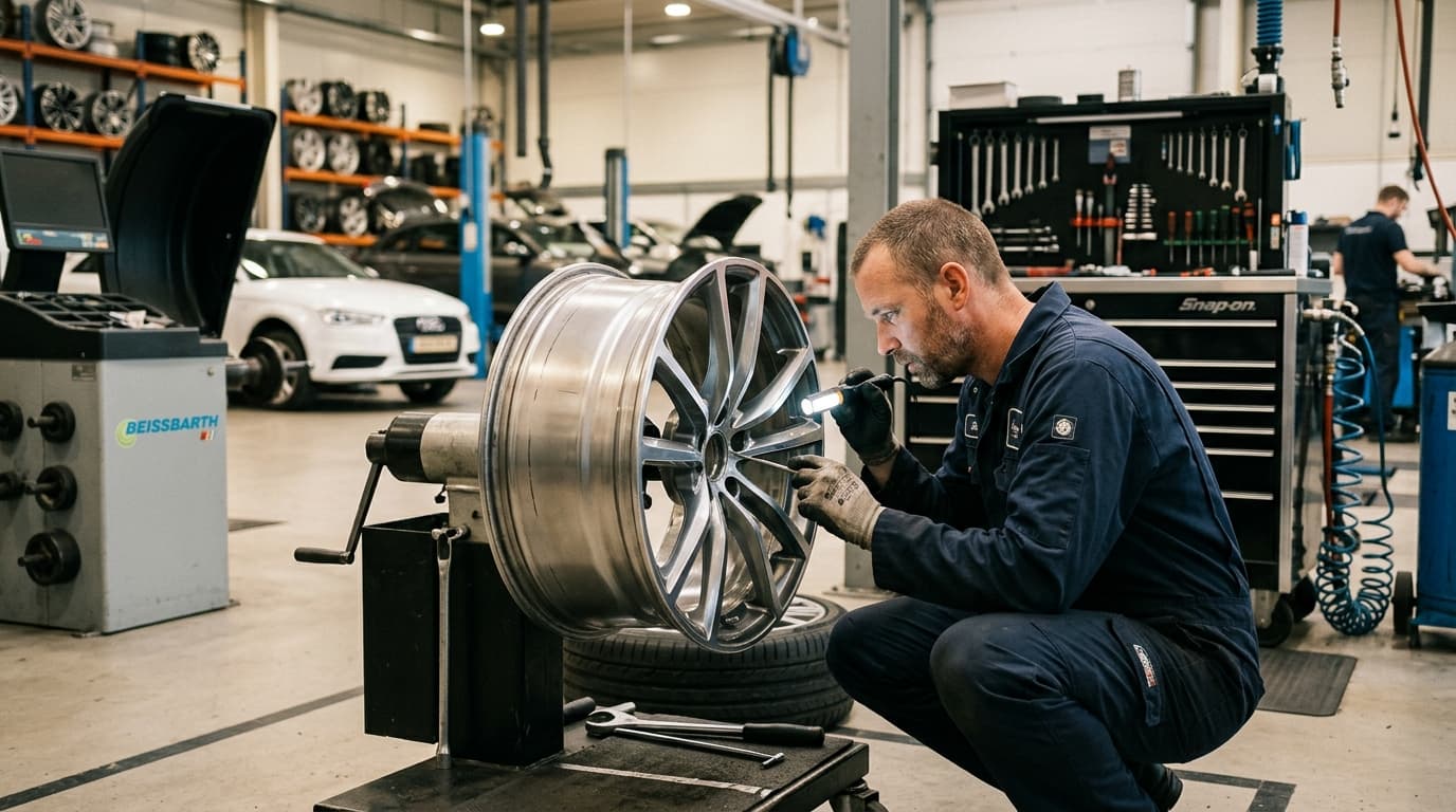 Professional technician inspecting an alloy wheel at Speedline Mags workshop in Cape Town
