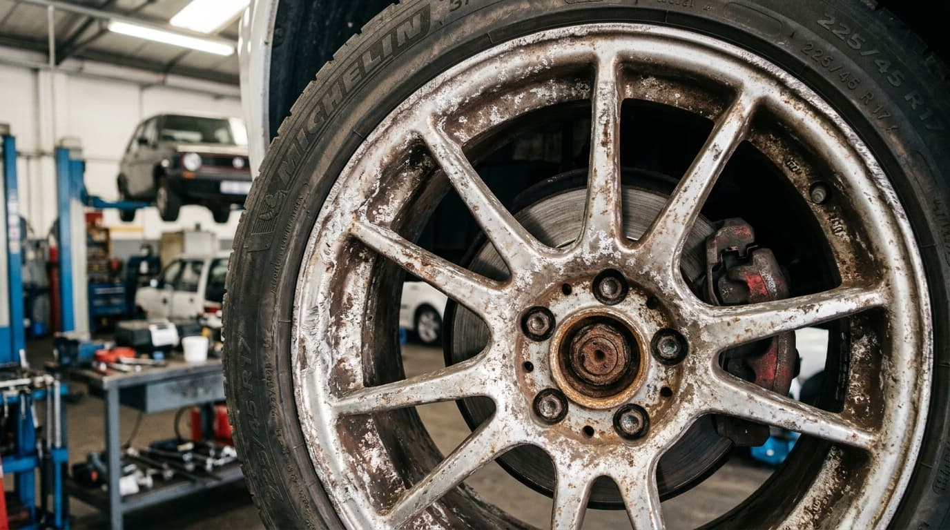 Corroded alloy wheel showing oxidisation being inspected for wheel corrosion prevention at Speedline Mags