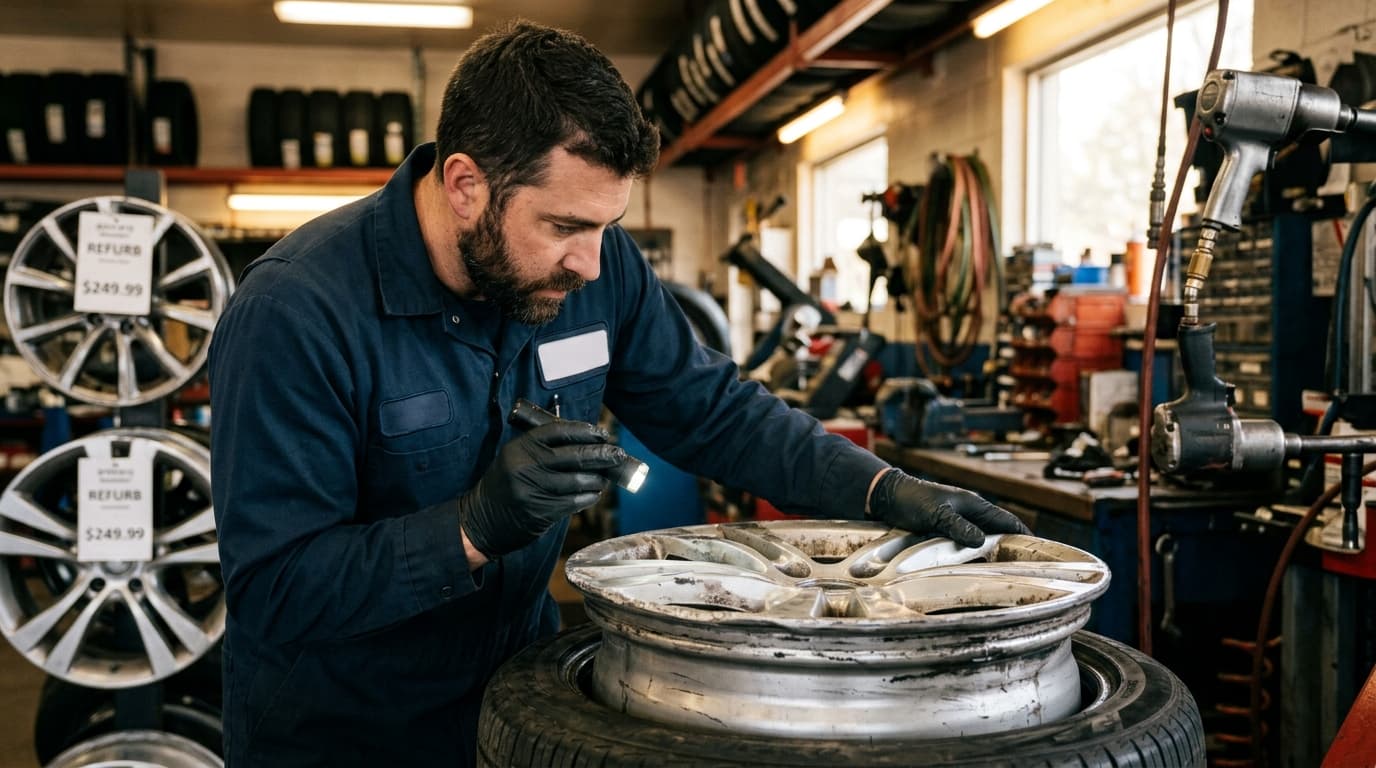 Professional technician inspecting a damaged alloy wheel for repair pricing at Speedline Mags