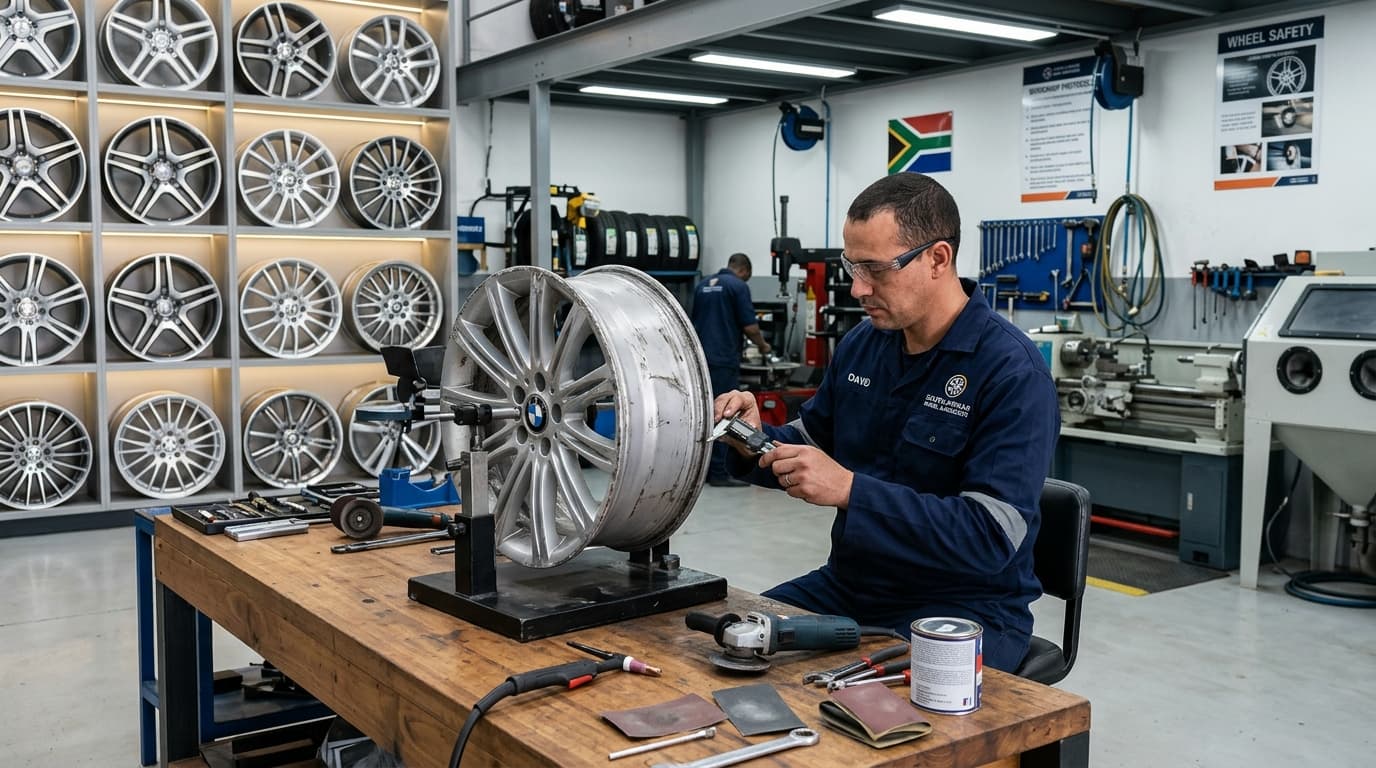 Professional wheel repair technician inspecting alloy wheel at Speedline Mags workshop in Cape Town