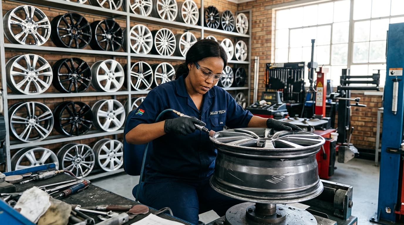 Professional technician repairing alloy wheel at Speedline Mags workshop in Parow Cape Town