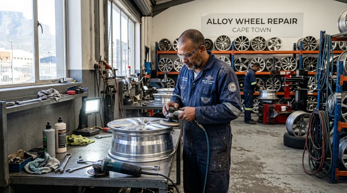 Professional mag wheel repair technician refurbishing an alloy wheel at a Cape Town workshop
