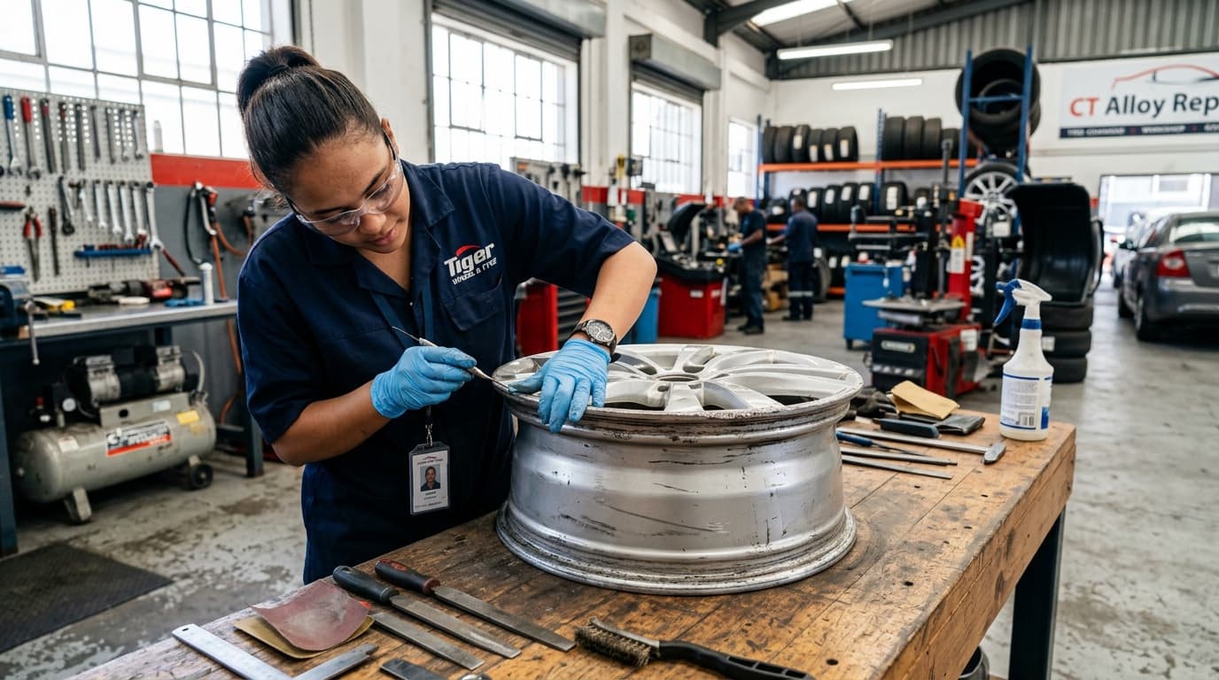 Professional technician inspecting an alloy mag wheel at Speedline Mags workshop in Parow, Cape Town