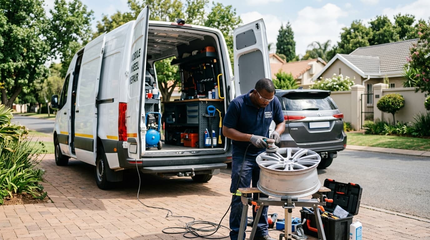 Mobile mag repair technician restoring an alloy wheel at a customer location in Cape Town