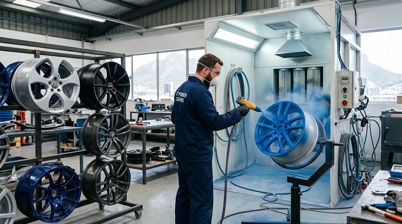 Professional powder coating rims process at Speedline Mags workshop in Cape Town