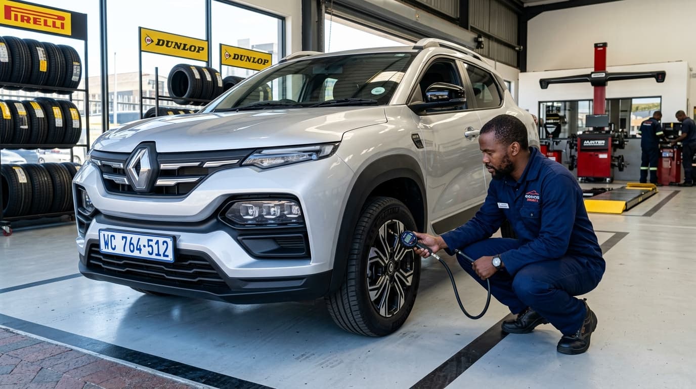 Technician checking Renault Kiger tyre pressure at Speedline Mags workshop in Cape Town