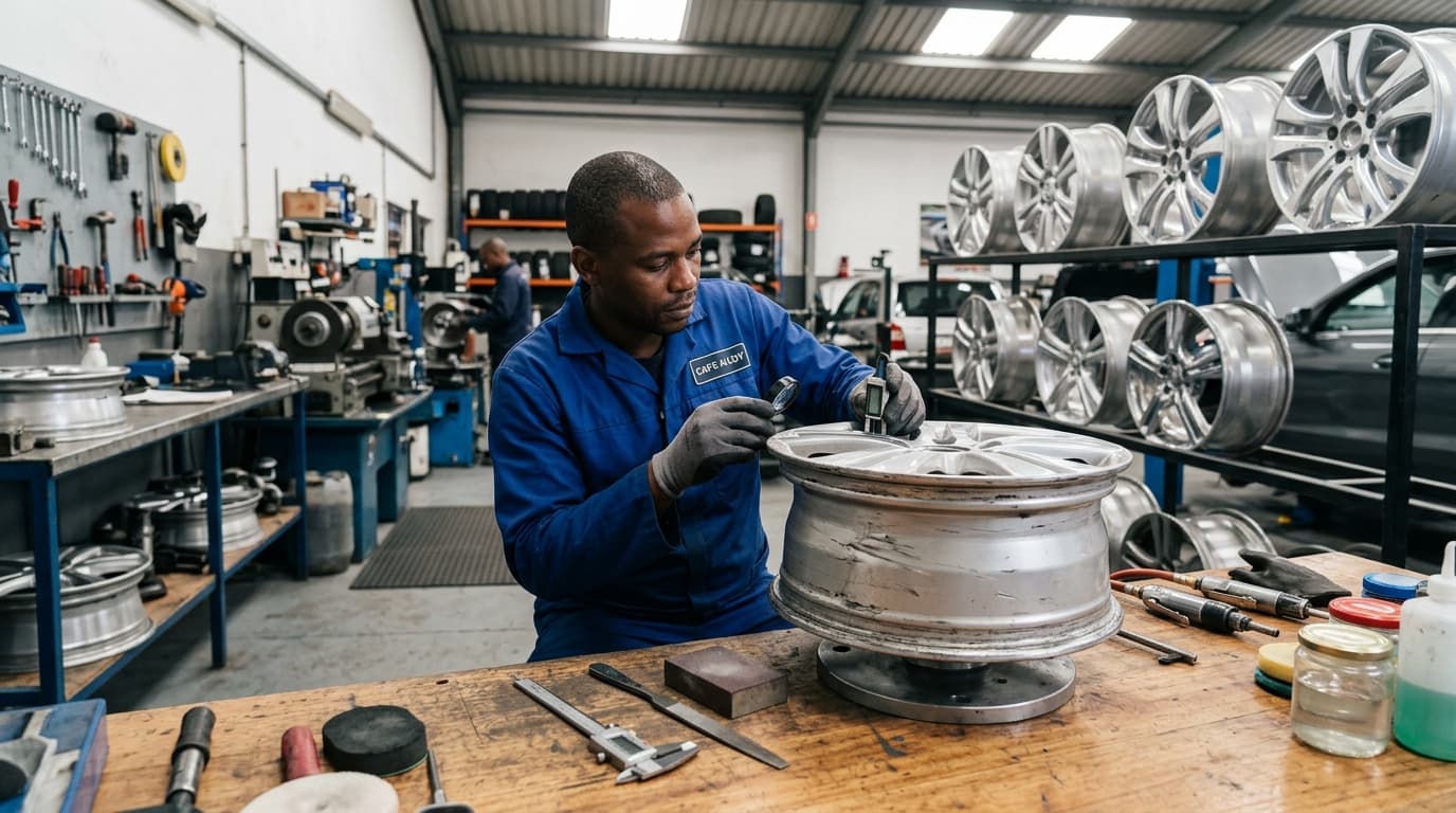 Professional technician performing rim repair at Speedline Mags workshop in Cape Town