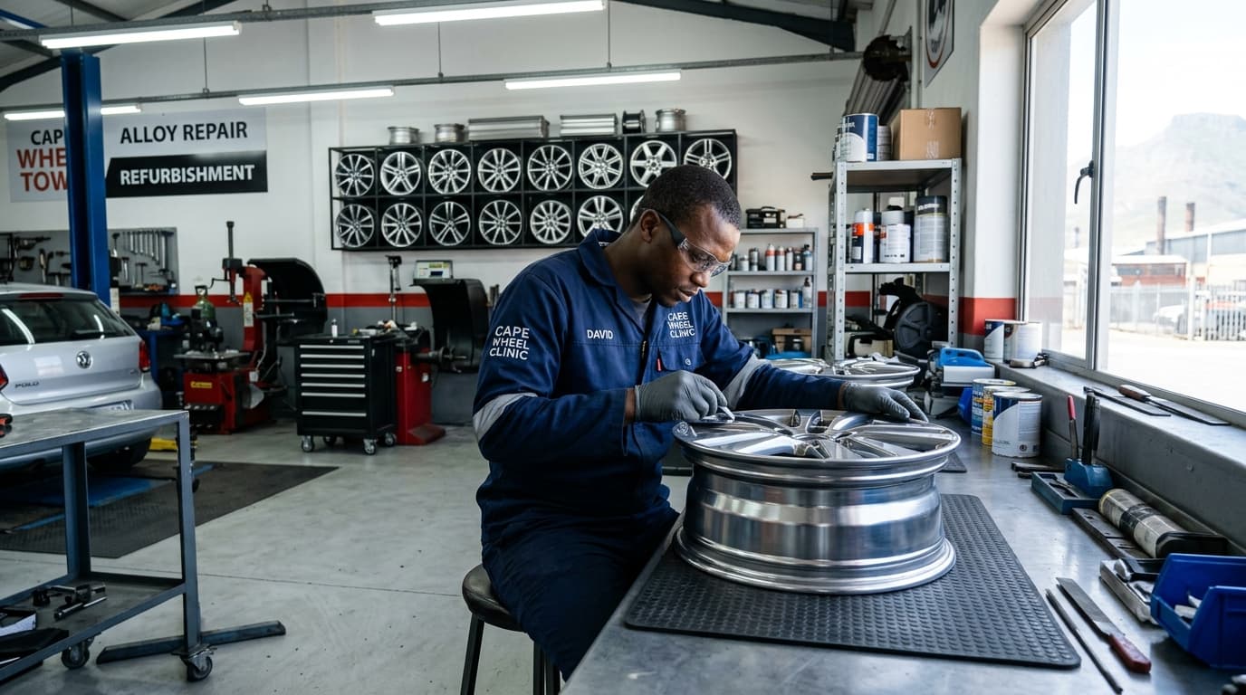 Professional alloy rim repair technician inspecting wheel at Speedline Mags workshop in Cape Town