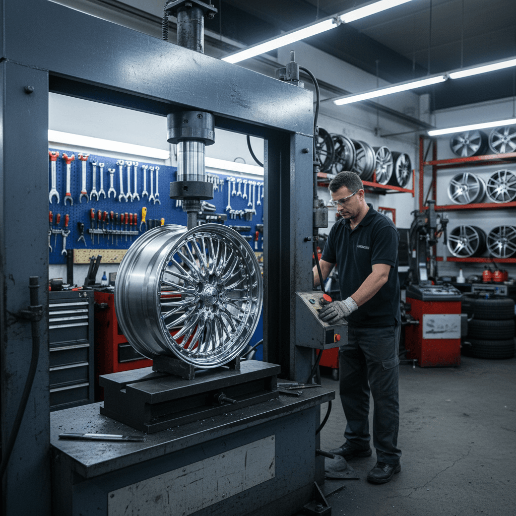 Technician using a hydraulic press to straighten a bent alloy wheel rim at Speedline Mags workshop in Parow, Cape Town